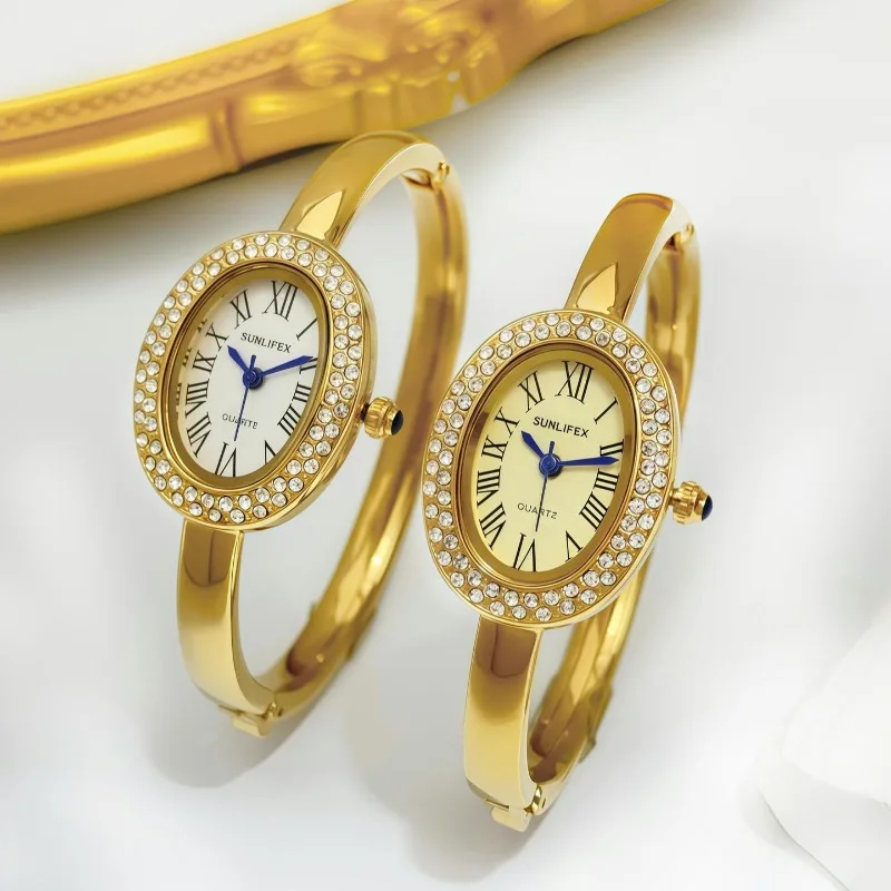 นาฬิกาข้อมือแบรนด์ดังสำหรับผู้หญิง ประดับเพชร หน้าปัดทรงรี นาฬิกาควอตซ์ ของขวัญสุดหรู นาฬิกาข้อมือผู้หญิง Reloj Mujer