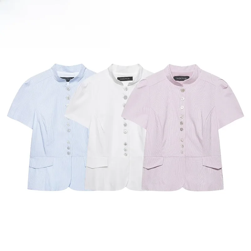 

Fashionable Short Sleeve Women's Shirt ZR Spring New Style Button Decorated Polyester Fiber 100% Easy to Wear Ladies Top