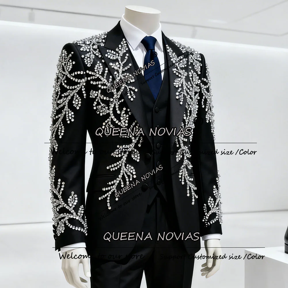 

Блестящие костюмы со стразами и кристаллами, мужские свадебные комплекты из 3 предметов, однобортный пиджак для выпускного, индивидуальные смокинги для жениха, наряды