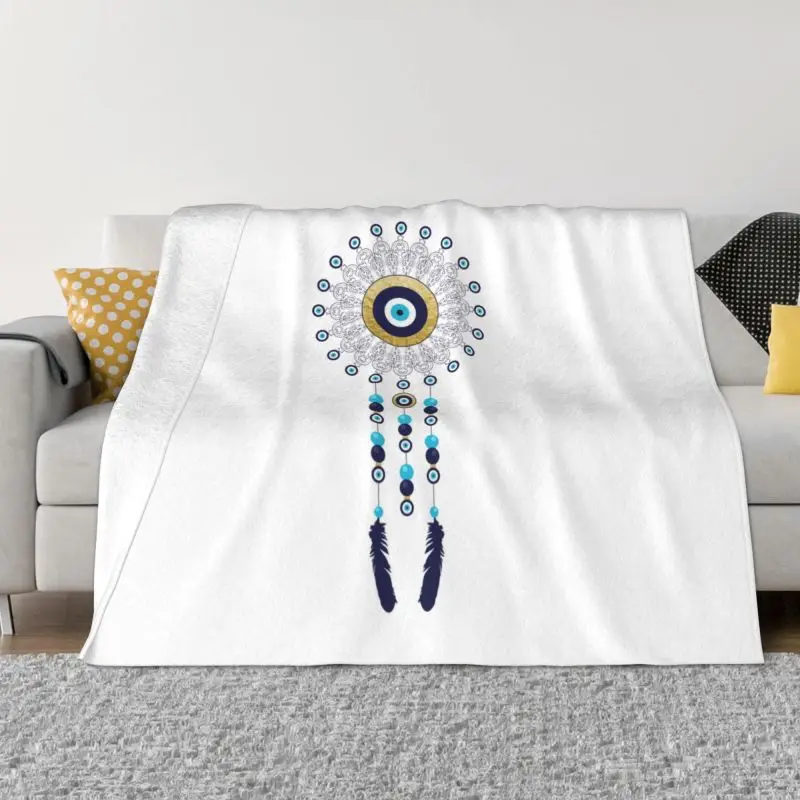 Boho Chic Evil Eye Mandala Dream Catcher Blankets Warm Flannel Hamsa Nazar Bohemian Throw Blanket for Home Sofa Office Travel