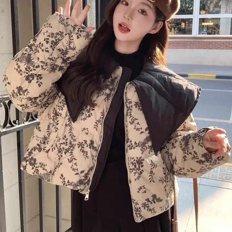 Retro Spliced Color Doll Collar Floral Cotton Jacket Short Outerwear Women's Slimming Lightweight Bread Style New Arrival