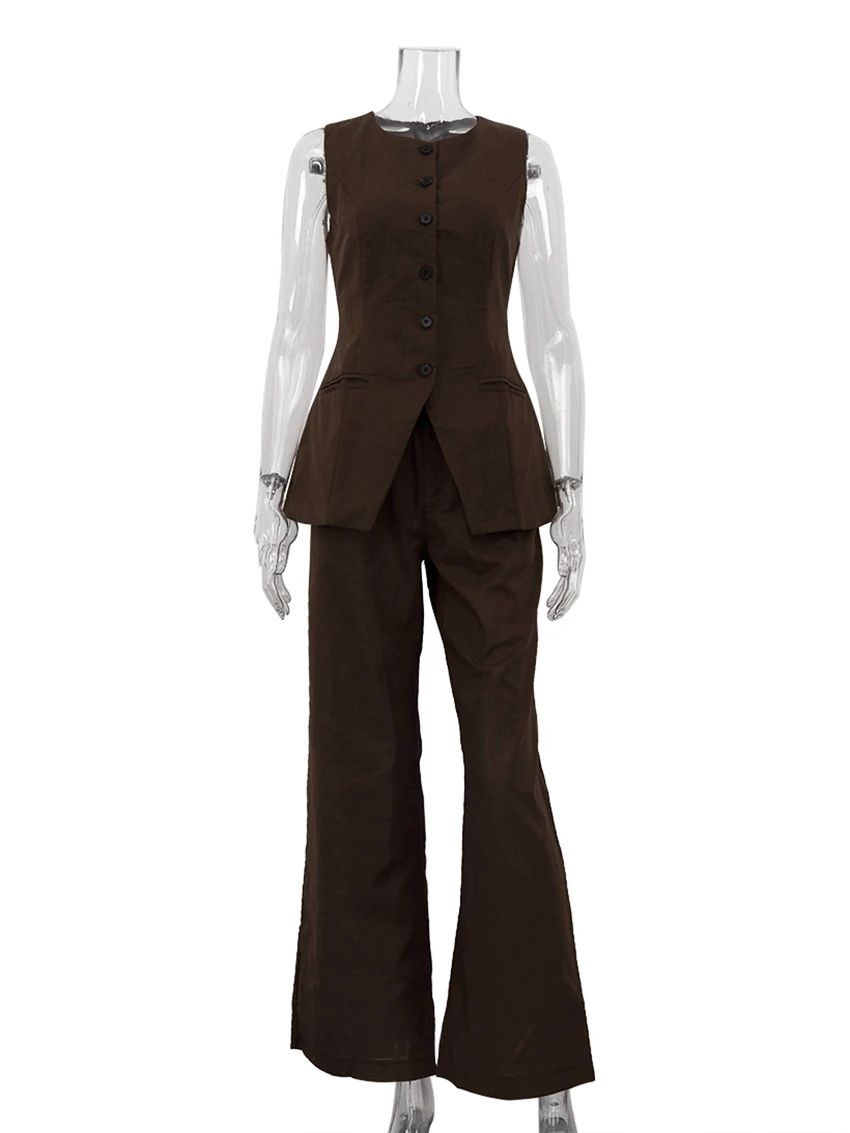 Marthaqiqi Brown Female Nightgowns Suit O-Neck Sleepwear Tank Tops Pajamas Sleeveless Nightwear Pants Casual Women Nightie Sets