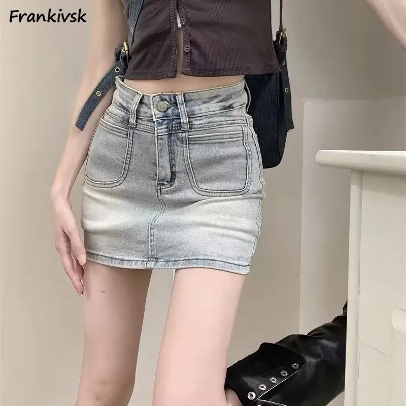 

Women Skirts Denim Pockets High Street Schoolgirl Stylish All-match Cool Stretchy Cozy Fit Aesthetic Above Knee Retro Streetwear