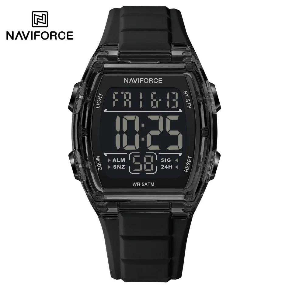 NAVIFORCE Men‘s Alarm Mode 5ATM Waterproof LED Night Light Display Silicone Wristband Watch Boy Stopwatch Timer Digital Display