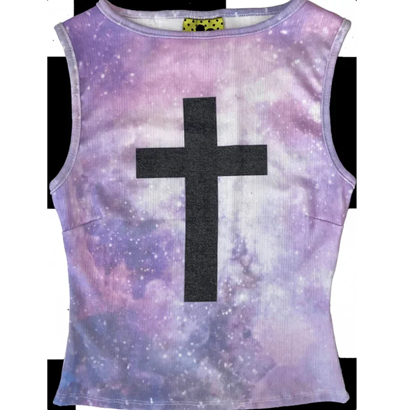 Slim Fit Y2K Retro Vest Nebula Cross Print Sleeveless Tank Top for American European Street Style Harajuku Women