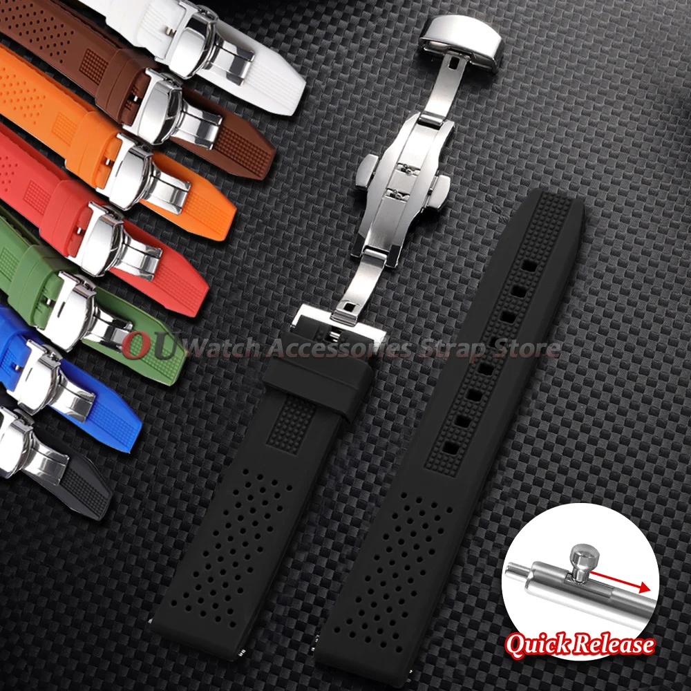 Silicone Straps  for Seiko for Omega Rubber Watch Strap Quick Release 16mm 18mm 20mm 22mm 24mm Breathable Butterfly Buckle Band