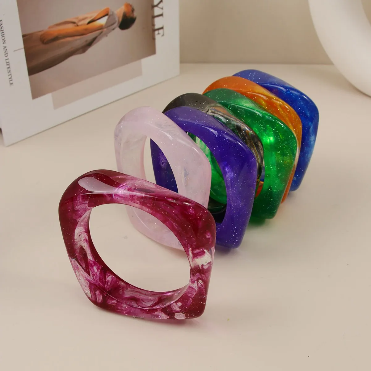 Colorful Irregular Geometric Chunky Bangles for Women Sparkling Unique Exaggerated Resin Thick Stackable Bracelet Jewelry Gift