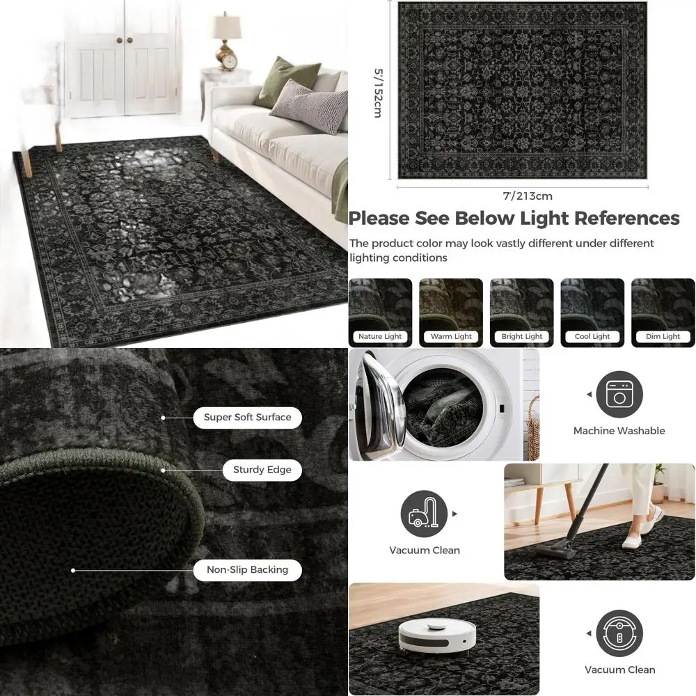 

5x7 Washable Boho Chic Area Rug - Black Vintage Floral Carpet for Living & Dining Rooms