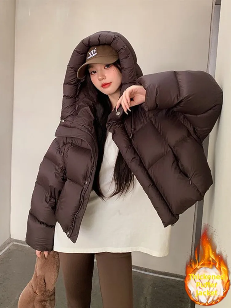 

Short Puffer Jacket Women's Cotton down Coat Bread Style Bean Color American Style Winter Commute Thickened Zipper Hooded