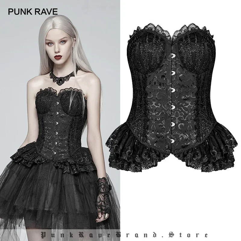 

PUNK RAVE Women Gothic Lolita Black Elf Corset Tops Fashion Steampunk Sexy Lace Evening Party Club Elegant