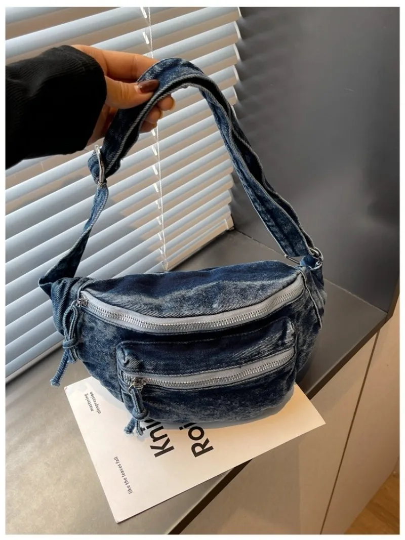 Damen Vintage Washed Denim Tasche mit Mehreren Taschen, Verstellbarer Riemen Crossbody Gürteltasche für Tägliche Aufgaben und Outdoor-Aktivitäten – Detail 24