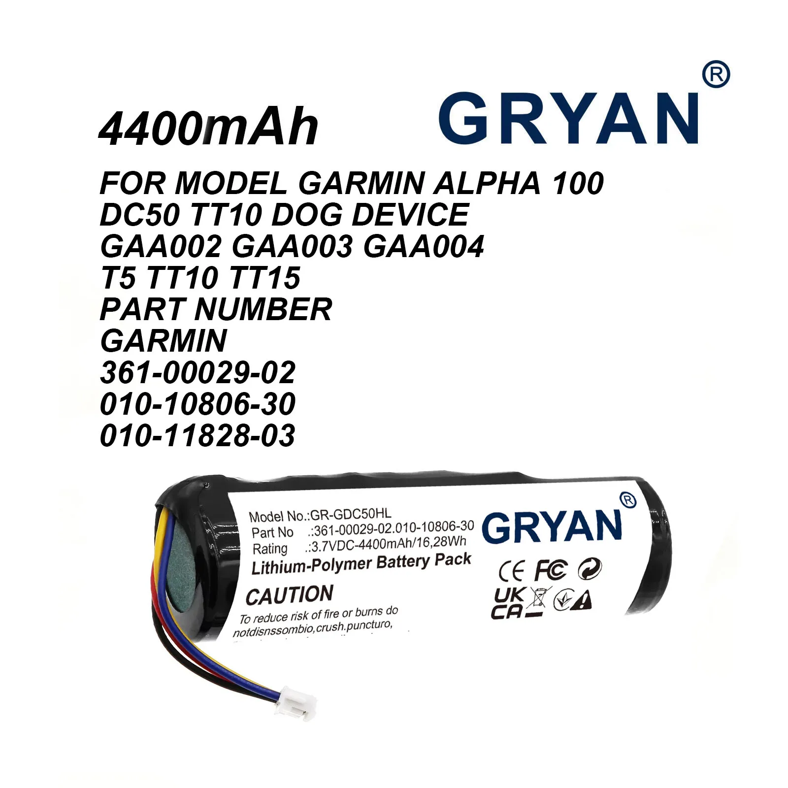 GRYAN Dog Collar 4400mAh Battery For Garmin DC50, Dog Tracking Collar For Alpha TT10 Dog Device, Alpha 100, TT10, TT 10