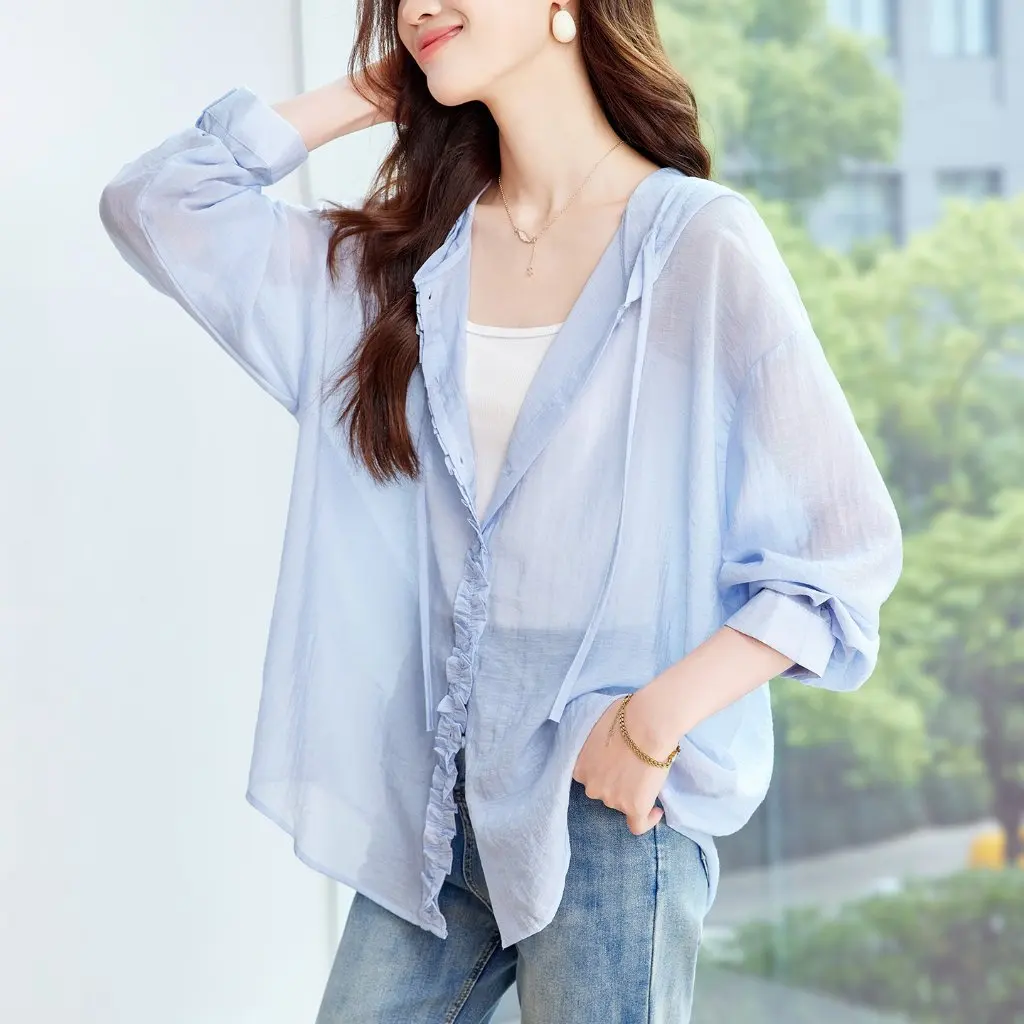 

Женский хлопковый кокон с защитой от солнца, легкий марлевый кардиган, рубашка с капюшоном, повседневная куртка, летний новый стиль