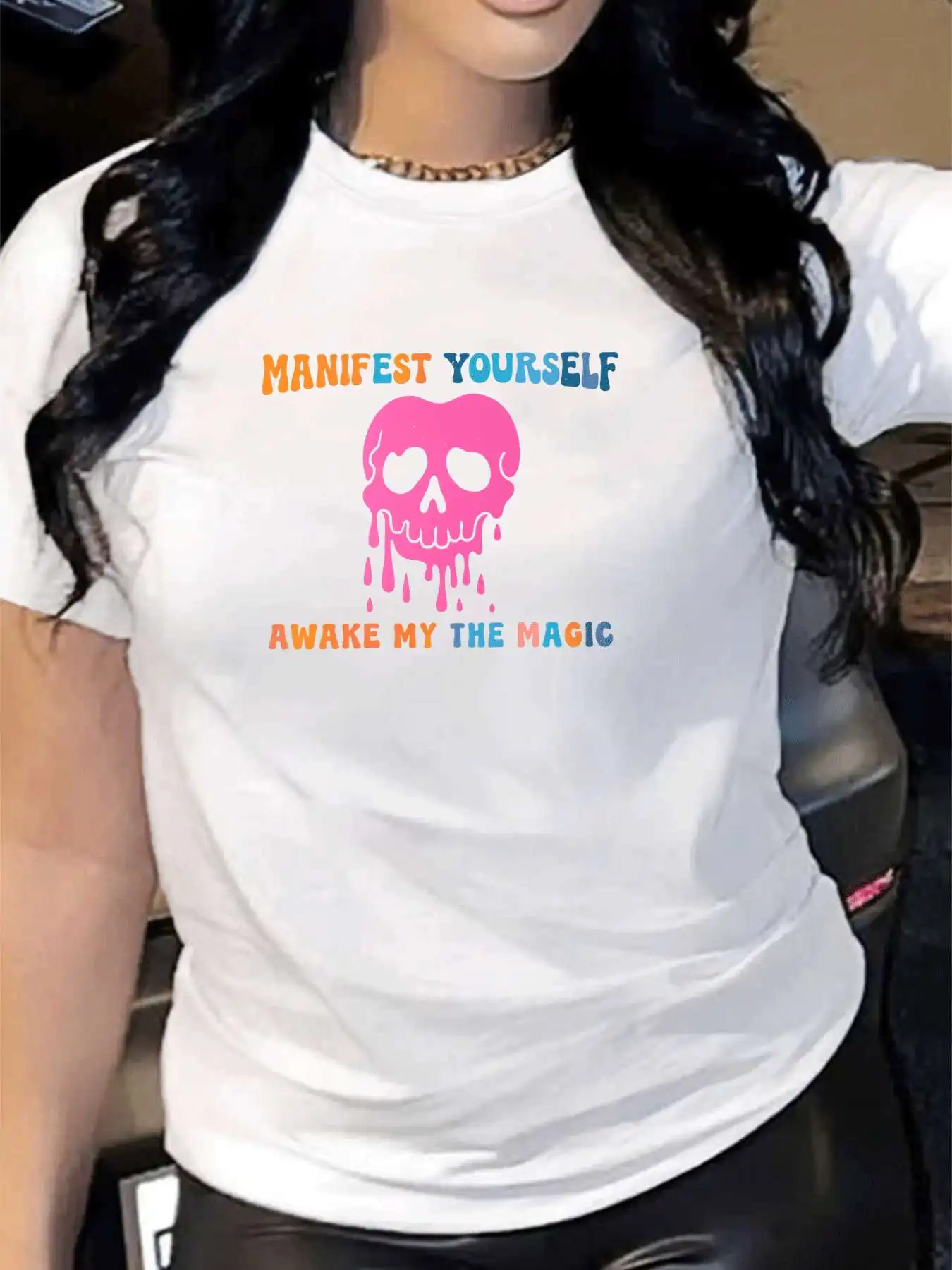 

【WY34947】Женская футболка с круглым вырезом и круглым вырезом с модным принтом и короткими рукавами, эластичная футболка с половиной рукавов