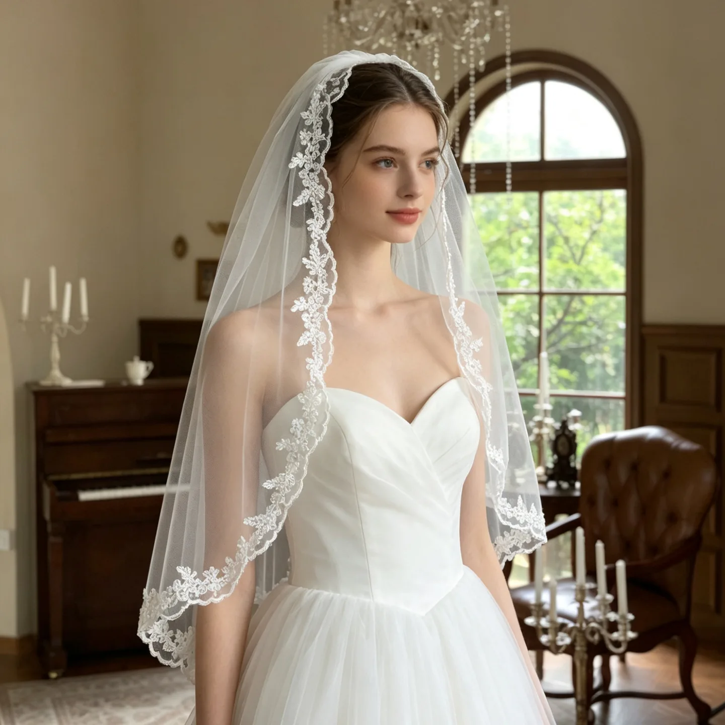 SLBRIDAL Einlagiger Spitzenblumenkanten-Perlen-Brautschleier mit Kämmen Hochzeitsschleier Hochzeitsaccessoires für Braut Hochzeit Damen – Detail 3