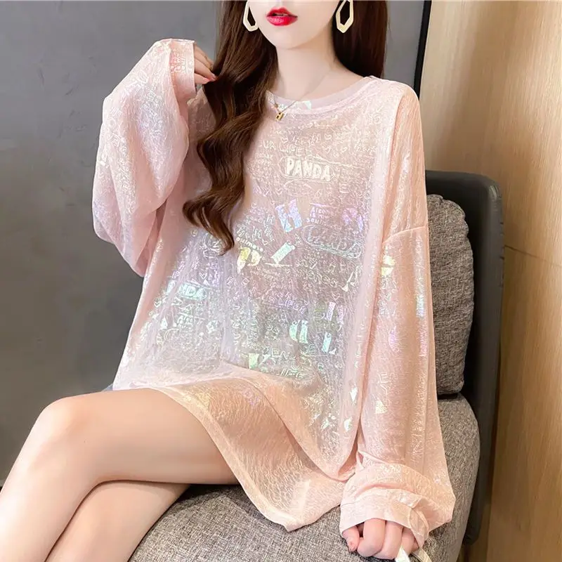 Korean Preppy Style Summer Women\'s O-Neck Printing Sequined Casual Loose Long Sleeve Mid-length Sunscreen Clothing T-Shirts Tops