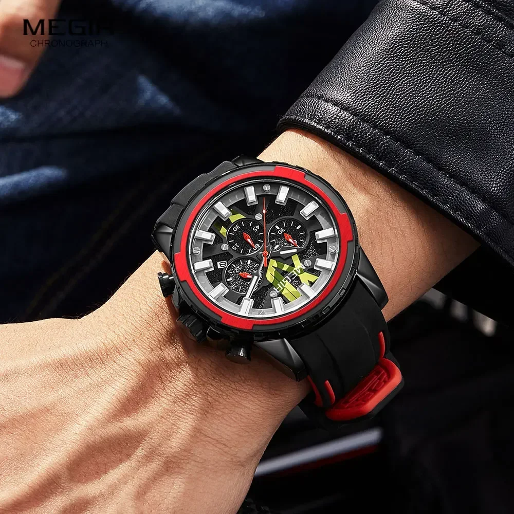 MEGIR Quartz Watches Men Silicone Strap Chronograph Analog Wristwatch Luminous Hands Auto Date Waterproof Military Sport Watch