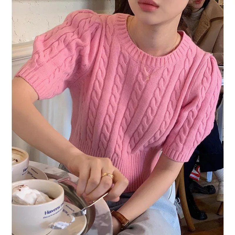 Temperament Top Spring Summer Shoulder Pink Short Sleeve Sweater Bottom Twists Bubble  Knitted Shirt Women Sweet