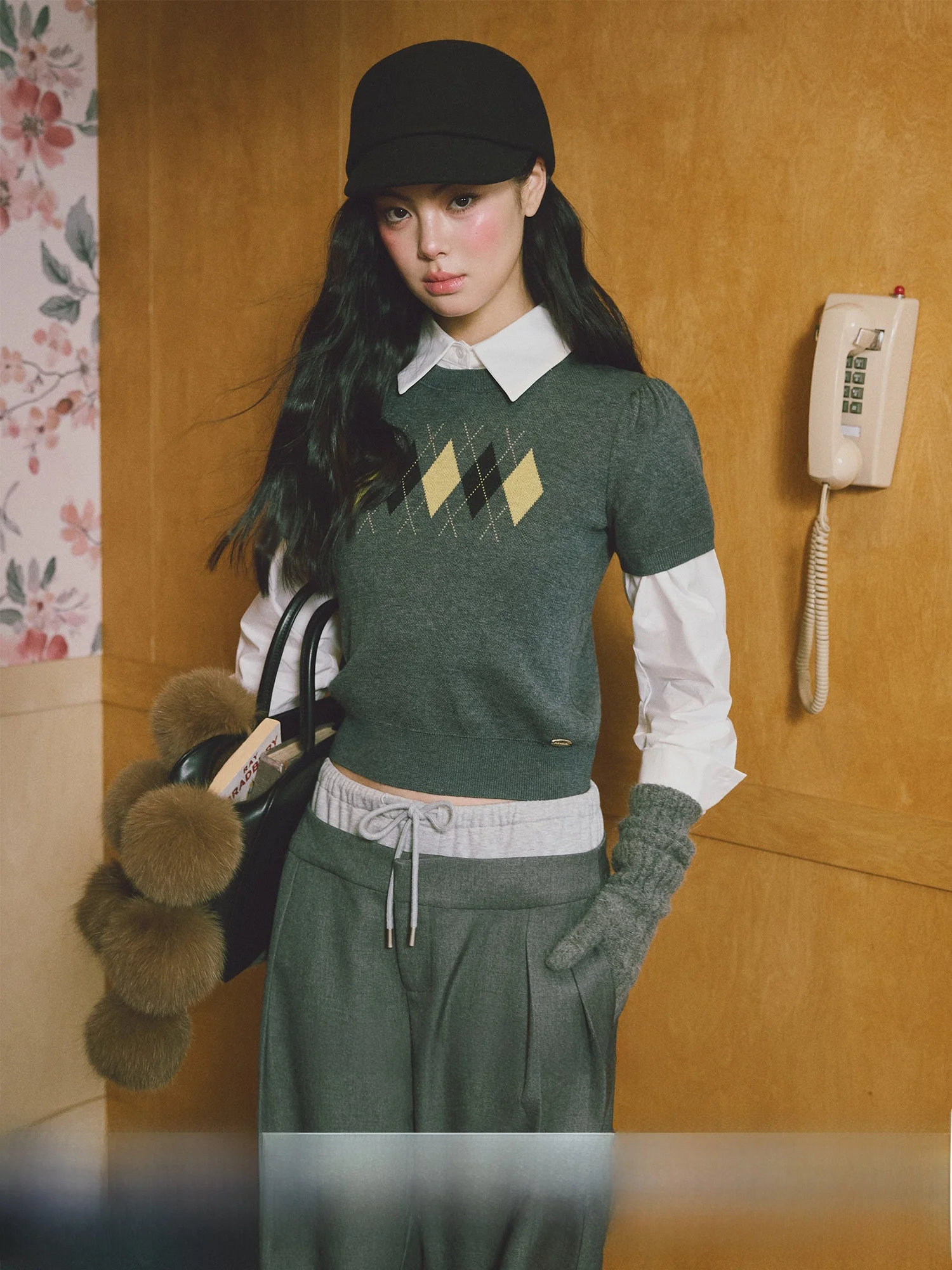 

LaluneDuCiel Vintage Color Block Short Sleeve Knitted Sweater Bubble Sleeve Diamond Pattern Women's Fashion Wool Blend Top