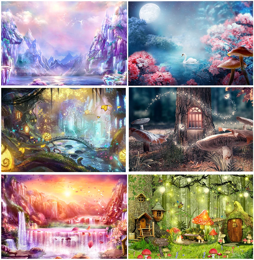 

Spring Fairyland Moon Lake Dreamy Birthday Party Decor Backdrops Photographic Waterfall Baby Shower Mushroom Forest Backgrounds