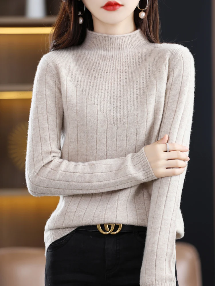 100% Pure Wool Women Sweaters Soft Warm Half-high Collar Casual Pullovers Spring Autumn Female Long Sleeve High Quanlity Jumper