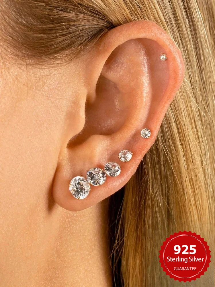 925 Sterling Silber Einfache Klassische 3 MM-8 MM Single Flash Zirkon Ohrringe Für Frauen Jahrestag Party Hohe qualität Edlen Schmuck