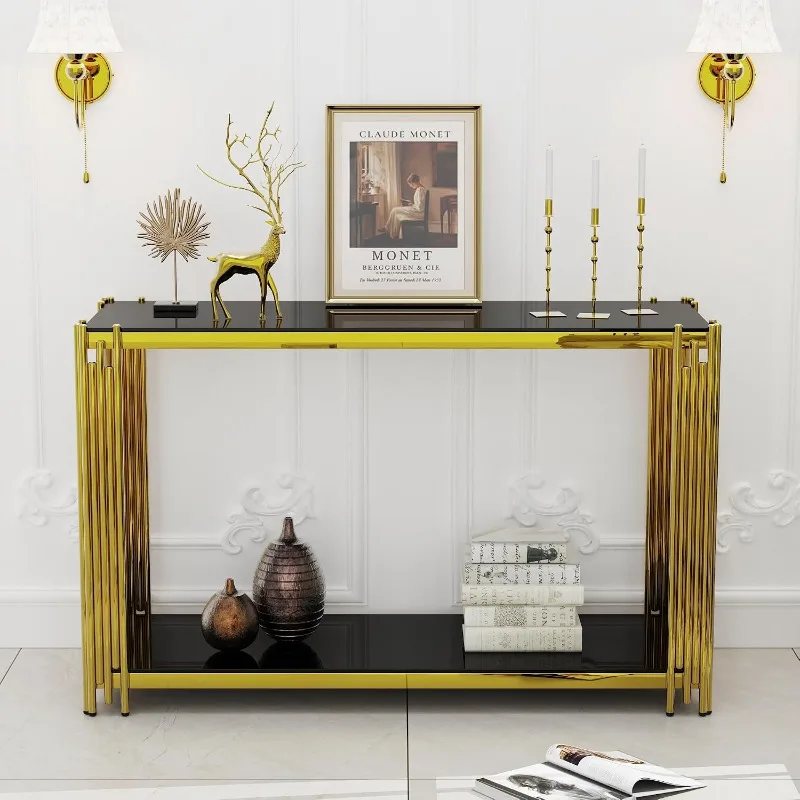 Gold Console Table with Tempered Glass for Entryway Living Room, Modern Luxury Stainless Steel Sofa Side Table Narrow Porch view 5