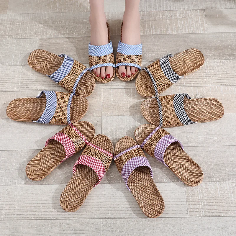 Mn Women Fashion Butterfly Knot Slip On Slides Indoor Home Slippers Shoes Summer Straw Beach Slippers Female Linen Flip Flops