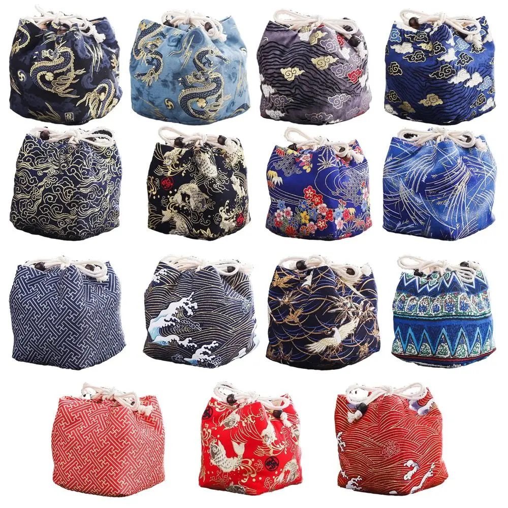 

Canvas Flower Drawstring Bag Dragon Stripe Print Chinese Style Handbag Coin Purse Wallet Large Capacity Tea Set Storage Bag