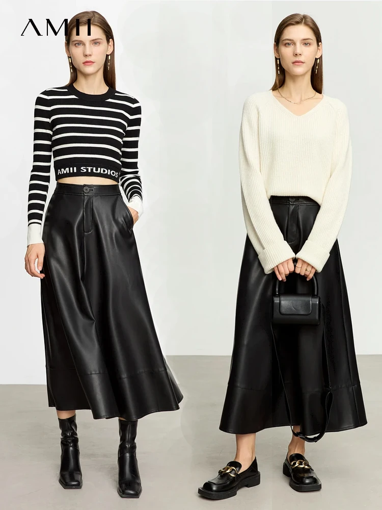 AMII Minimalist Fashion Women Skirt 2023 Autumn New Loose Simple Mid-length A-line Office Lady PU Leather Solid Skirts 12343134