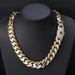 14K20mm Zircon Diamond Iced Buckle with Logo Brass Cuban Necklace Hip Hop Round Mill Encrypted Cuban Chain