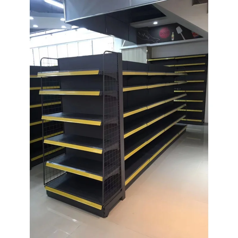 Custom Double Side Mercearia Display Racks, prateleiras De Supermercado, gôndola Conveniência Store Rack, loja de varejo móveis