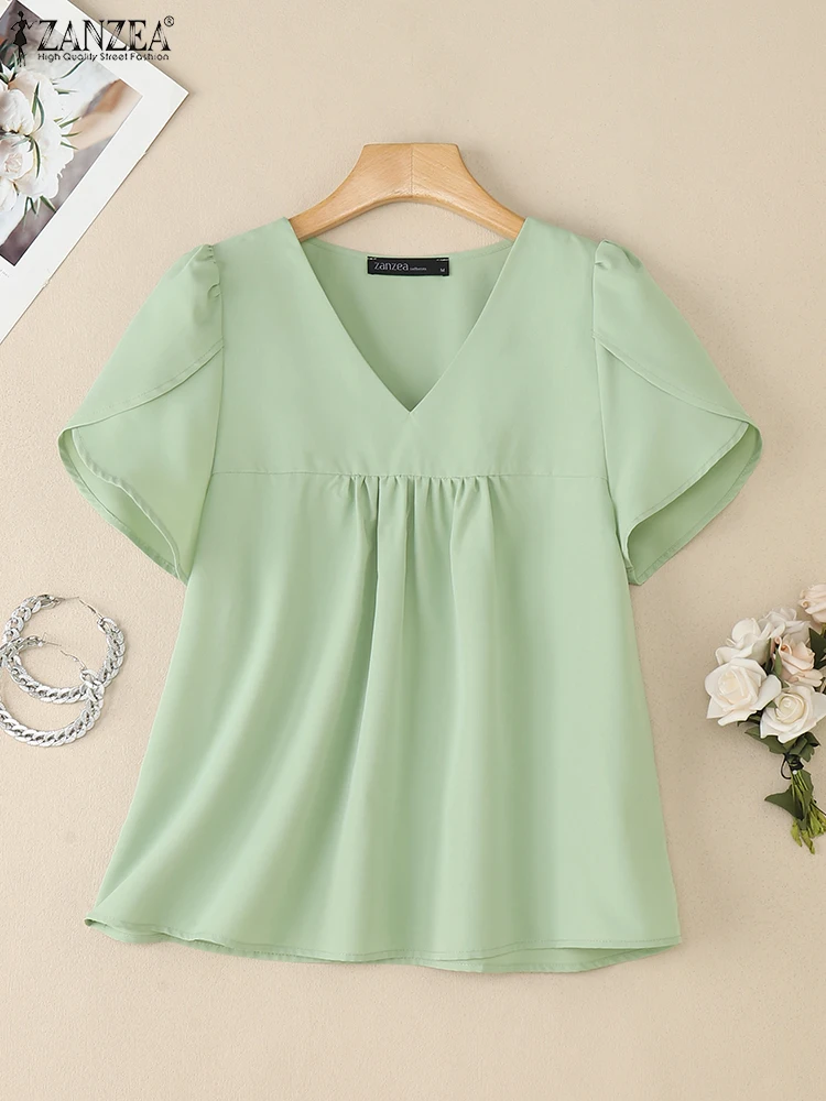 

ZANZEA 2022, элегантная рубашка, летняя офисная блузка, стильная женская блузка с v-образным вырезом и коротким рукавом, повседневные OL рабочие топы, женская однотонная туника