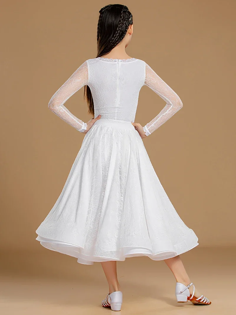 Niños Niñas vals Tango baile de salón vestidos profesionales encaje blanco princesa mono y falda grande traje de baile moderno
