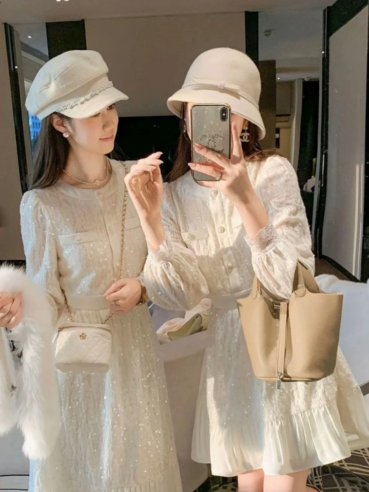 High Waisted Patchwork Women's French Style Small Fragrance Slimming Dress with Lace Waist Cinching Design