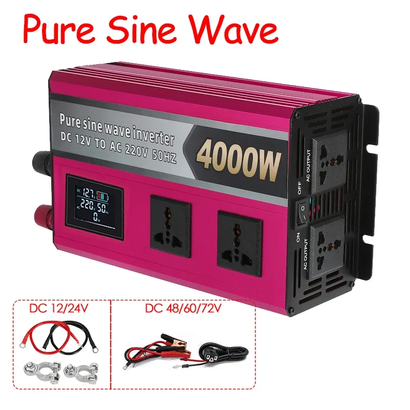 

4000W 3000W Pure Sine Wave Inverter DC 12V 24V 48V TO AC 220V Voltage Converter Home Car Solar Power Inverter Universal Outlet