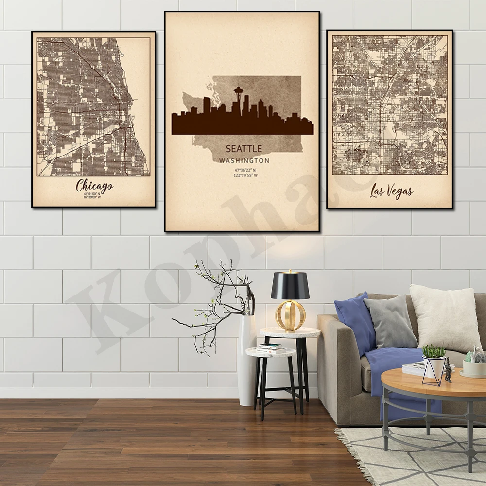 Usa Chicago Seattle Skyline City Map Geographic Coordinates Modern Decorative Canvas Painting