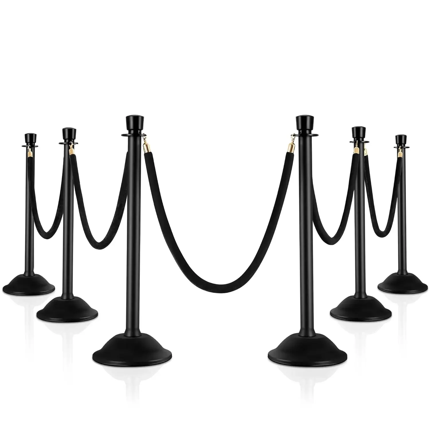 HABUTWAY 6PCS Plastic Stanchions Post, 6 Black Velvet Ropes Queue Rope Barriers, Crowd Control Stanchion, Sand/Stone Injection