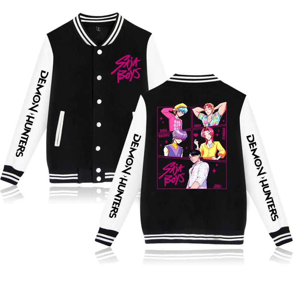 

K-POP Demon Hunters Baseball Jacket - 2D Iron-On Print Streetwear Blazer for Men Women - Black White Contrast Unisex Open Front