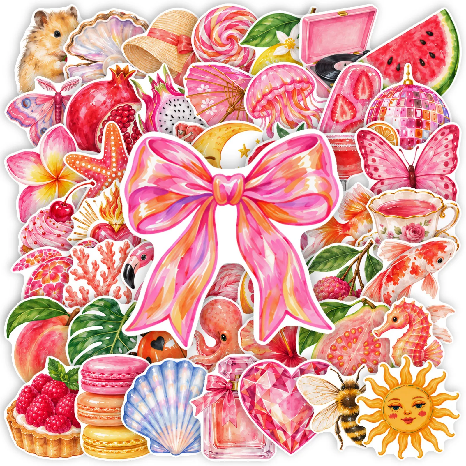 50 PCS Ins Style Pink Fruit Ocean Animal Butterfly Dessert Mix Match Stickers Decorate Lunch Box Luggage Helmet Waterproof Decal