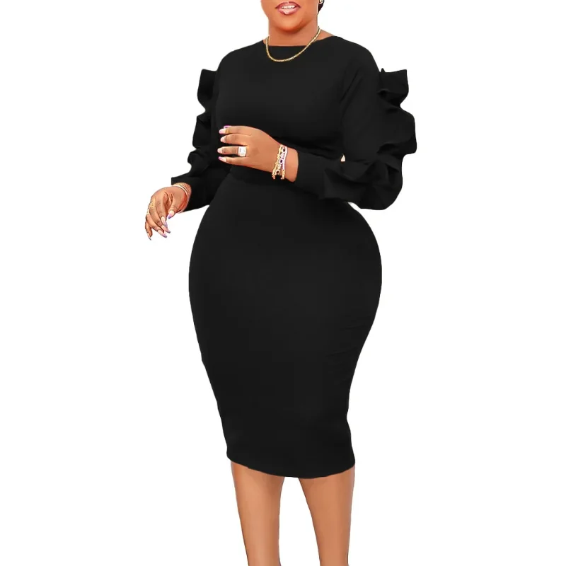 Women Ruffles Long Sleeve O Neck Bodycon Dress Elegant Midi Dress