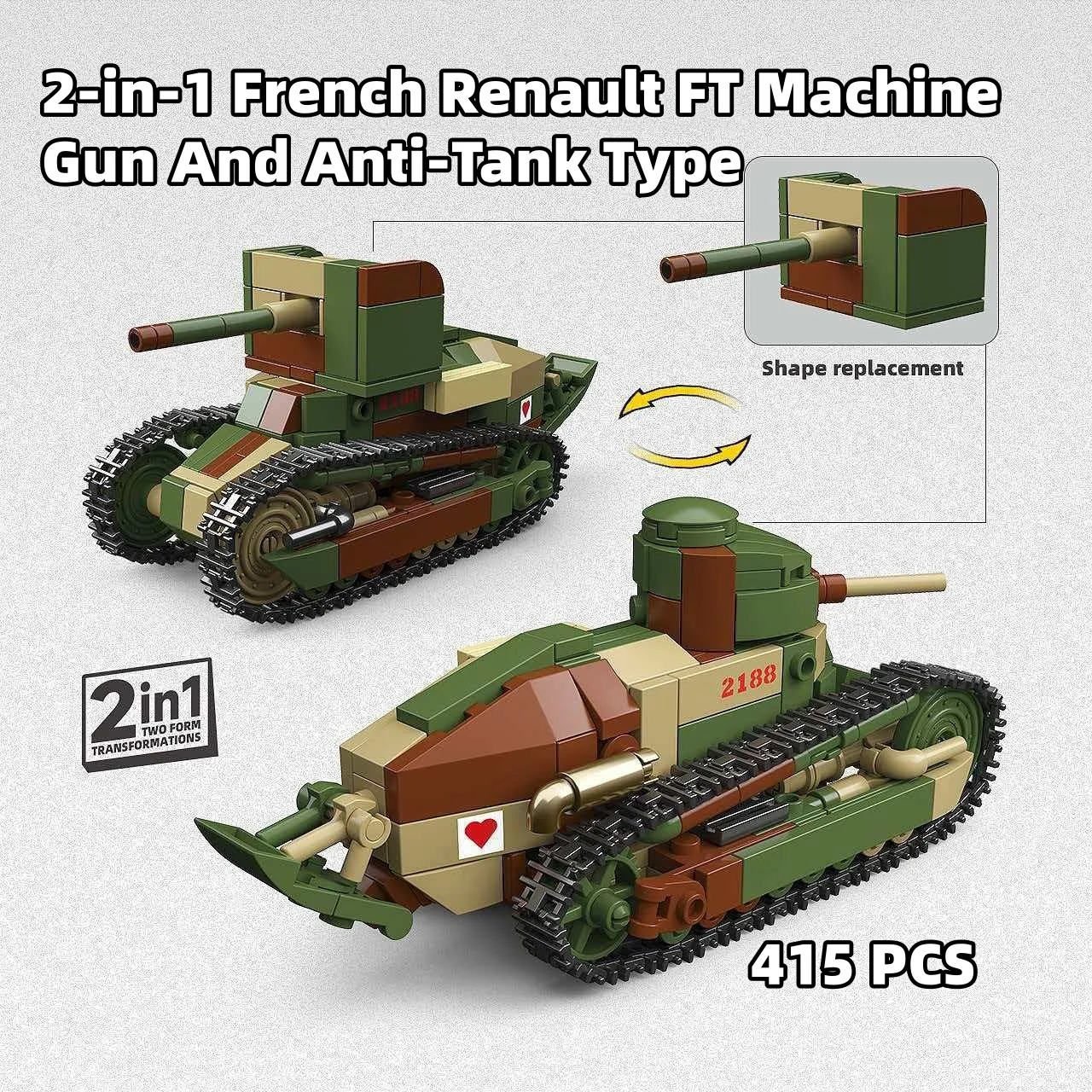 415pcs French Renault FT Machine Gun And Anti-Tank Type Building Blocks Historical Military NO.300035 Model Kit for Collectors