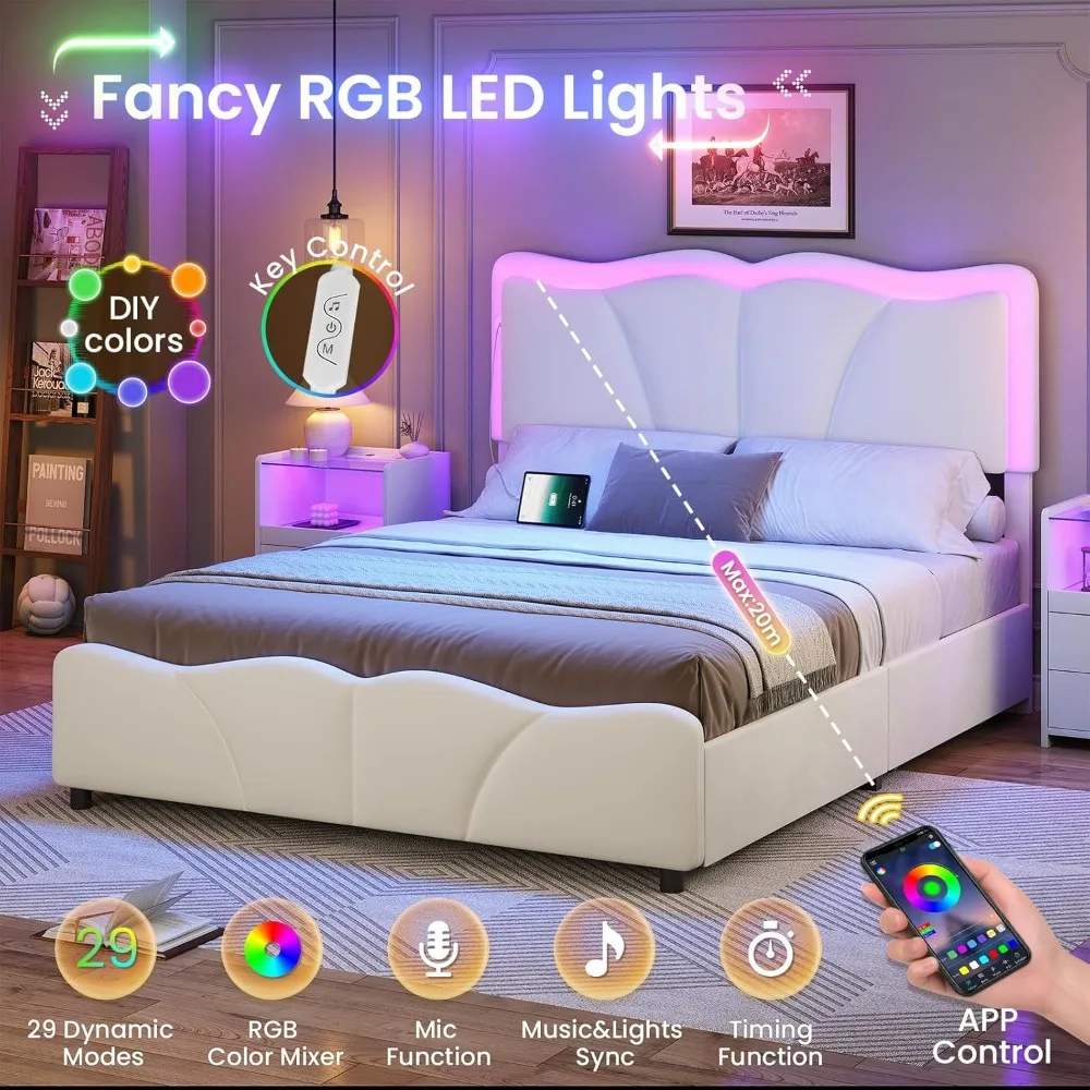 "إطار سرير مخملي بالحجم الكامل مع 4 أدراج تخزين، سرير بمنصة قابلة للتعديل مع إضاءة LED" #4