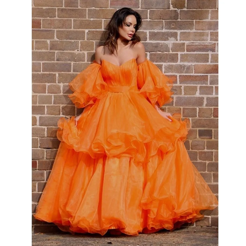 Couture Hot Orange Puffy Organza Long Formal Party Dresses With Puff Sleeves Pretty A-line Bridal Dresses