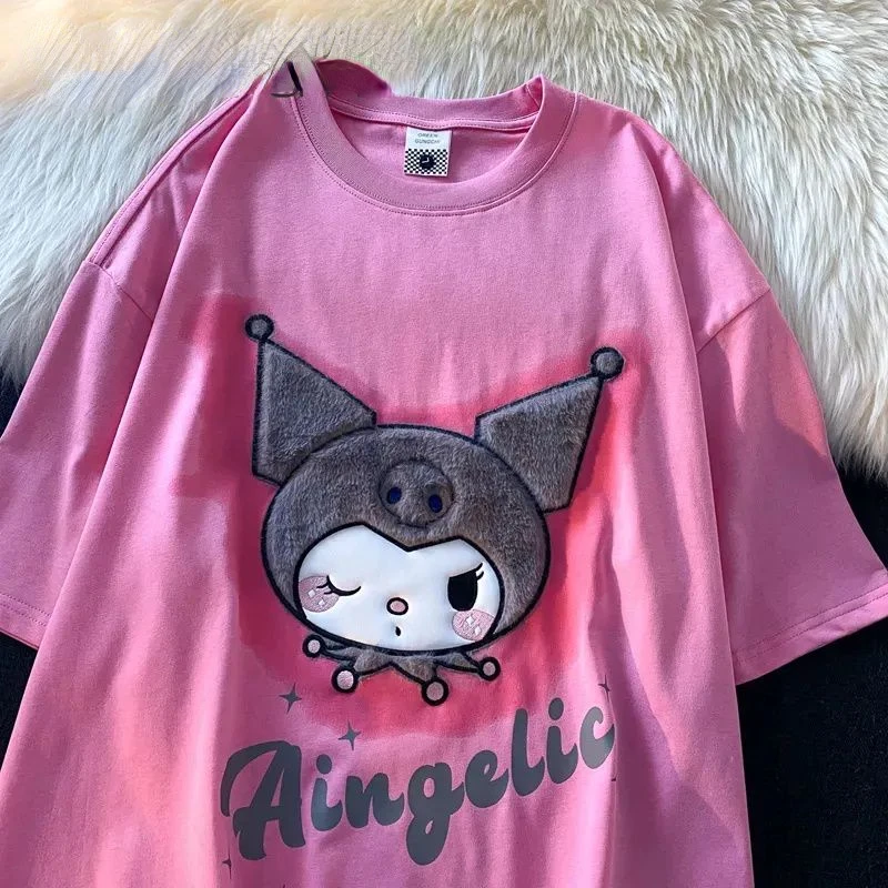 Sanrio Kuromi Cute Harajuku Oversized T-shirt Y2k Women Korean Fashion Short Sleeve Tee Kawaii Anime Cothes Black White Crop Top