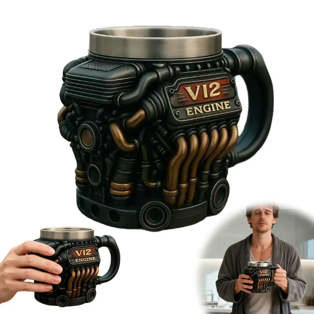 15oz Retro Engine Mug Engine Coffee Mug, Resin Stainless Steel lining Cup,Perfect for Car Enthusiasts, Retro Car Lovers Mechanic