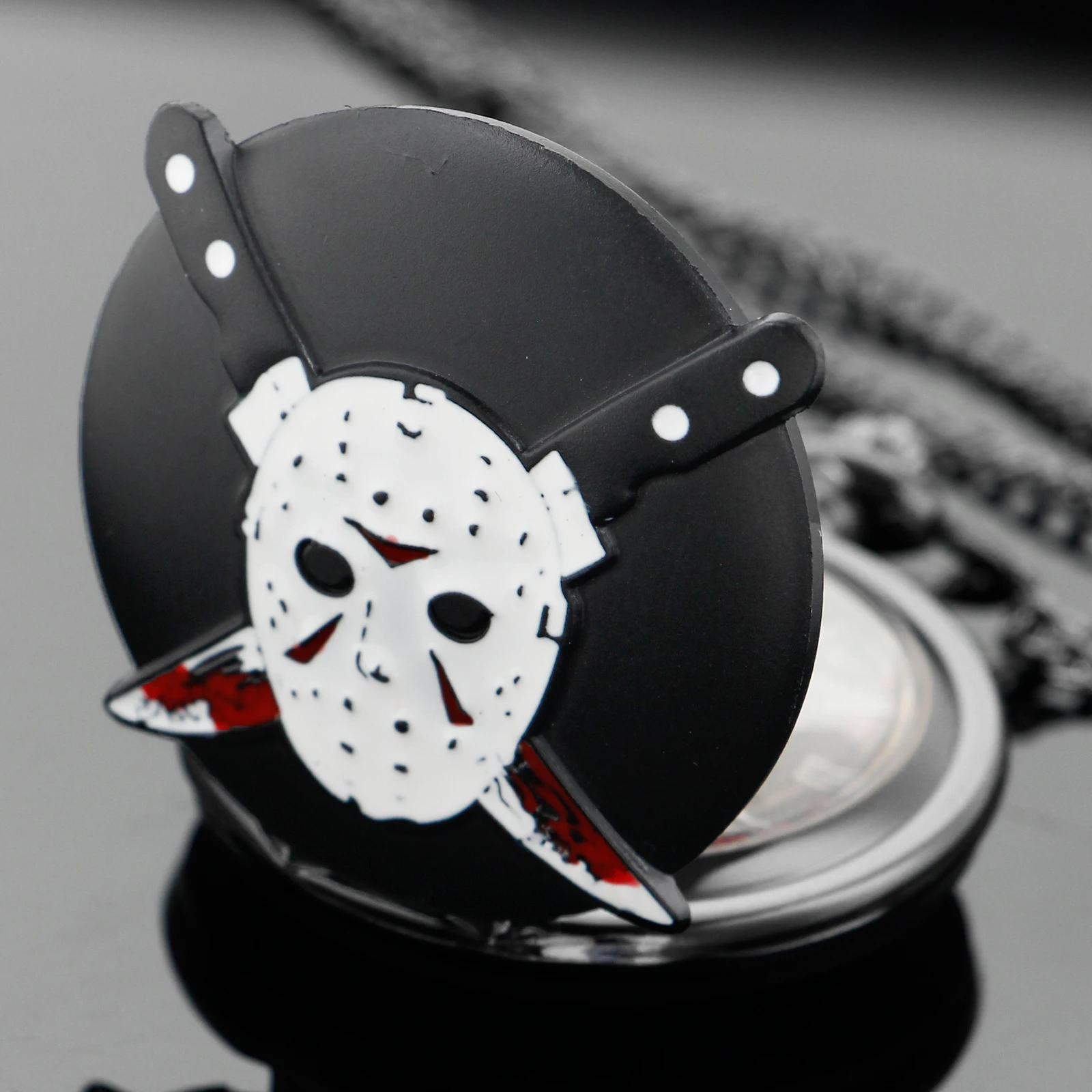 Classic Horror Movie Mask Butcher Black Quartz Pocket Watch Men's Women's Necklace Pendant Jewelry Accessories Relogio De Bolso