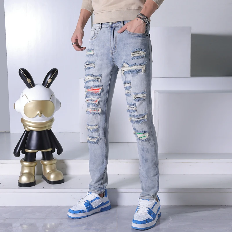 

2024 Fashion Men's Design Jeans Men's Patch Ripped Street Cool Stretch Tight Casual Motorcycle Tappered Pants