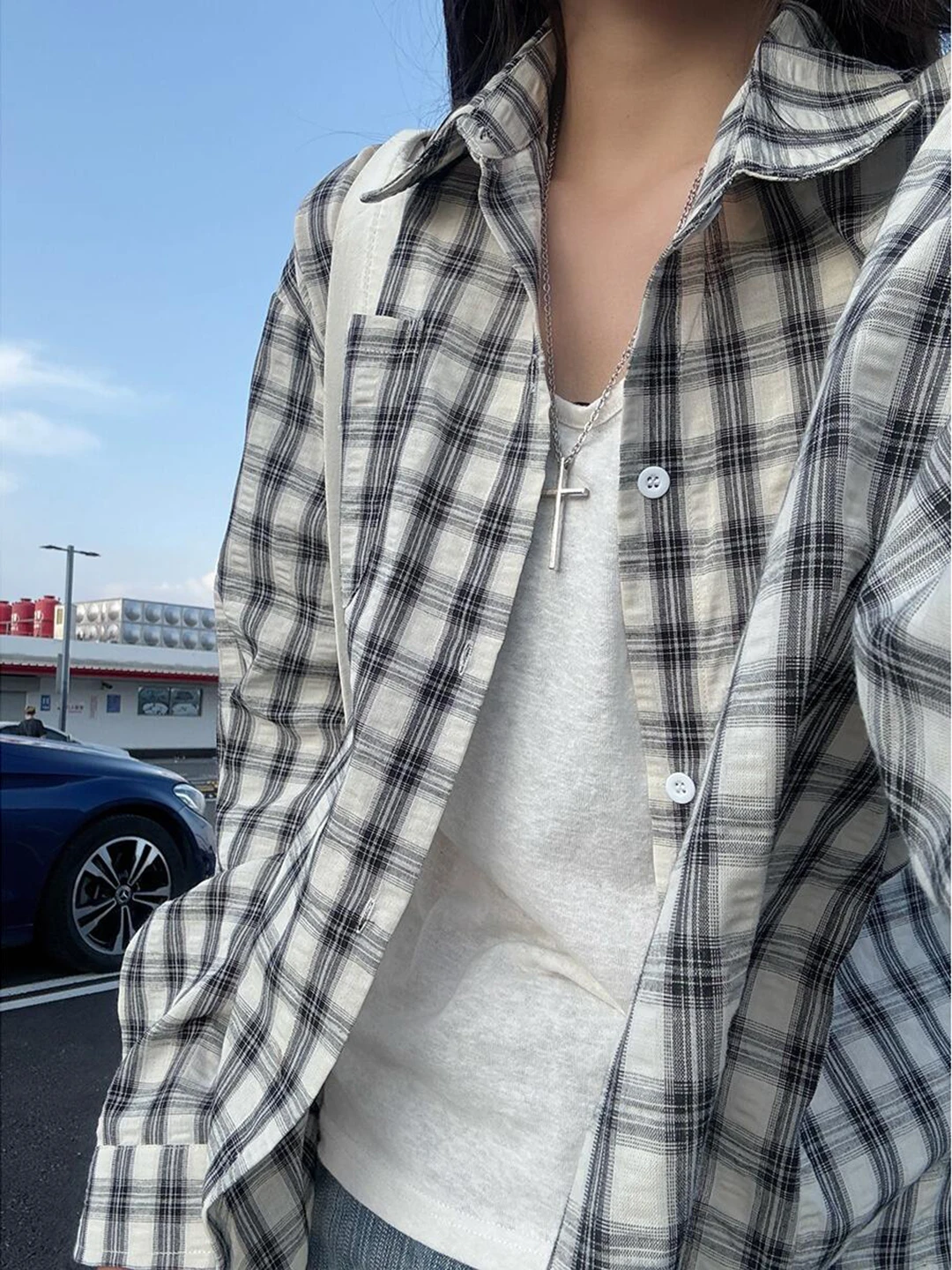 

Bla White Plaid irt Summer Thin Sun Protection Long Sve ex Classic American Retro Sle College Wind Coat