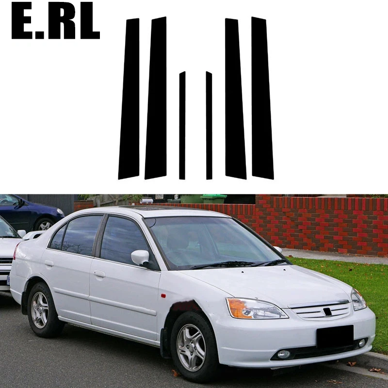 

6PCS Fit For Honda Civic Sedan 2001 2002 2003 2004 2005 Glossy Black Door Side Pillar Posts Window Decor Sticker Cover Stickers